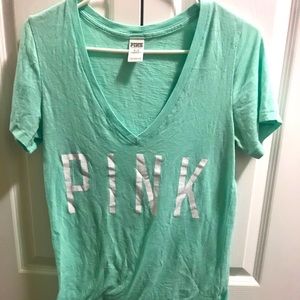 PINK- Victoria Secret Pink shirt. White/Mint Green